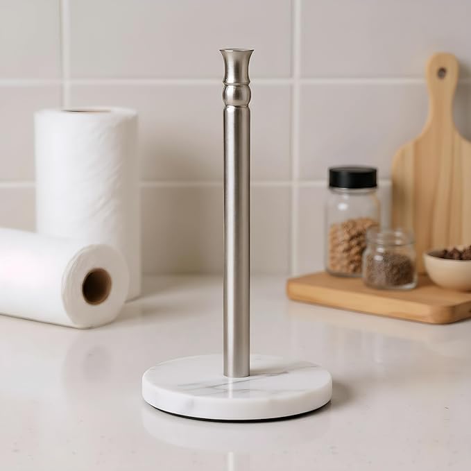 Paper Towel Holder Stand, One-Handed Ripping Paper Towel Roll Holder Countertop, Heavy Marble Base, NOT Tip Over - (Marble, Brushed Nickel)