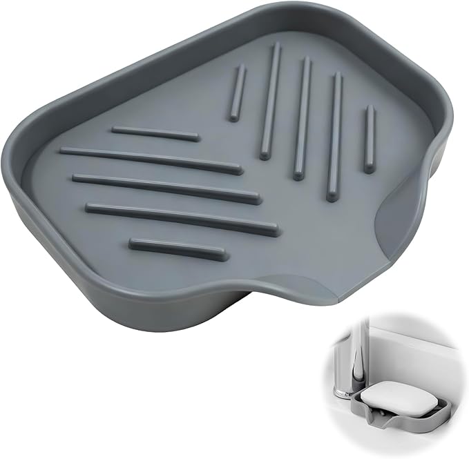 Sponge Holder with Drain Spout, 4.7" x 3.6" Bathroom and Kitchen Sink Organizer, Dish Soap Tray for Sponges, Scrubbers, Dispensers, Dish Brushes, Spoons & Other Sink Items, Dishwasher Safe (Grey)