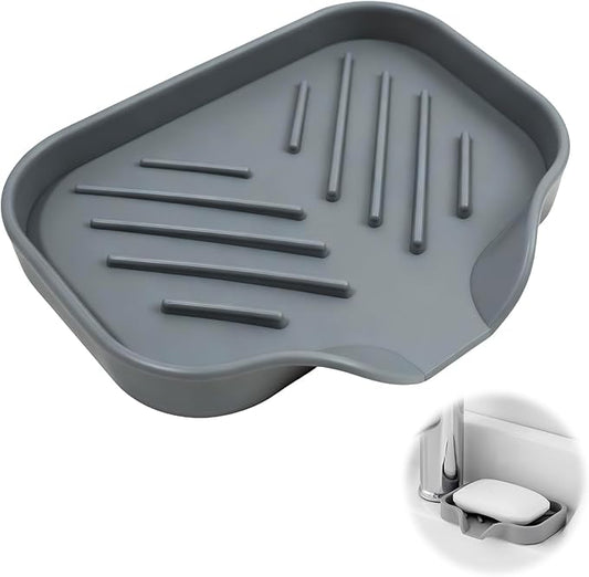 Sponge Holder with Drain Spout, 4.7" x 3.6" Bathroom and Kitchen Sink Organizer, Dish Soap Tray for Sponges, Scrubbers, Dispensers, Dish Brushes, Spoons & Other Sink Items, Dishwasher Safe (Grey)