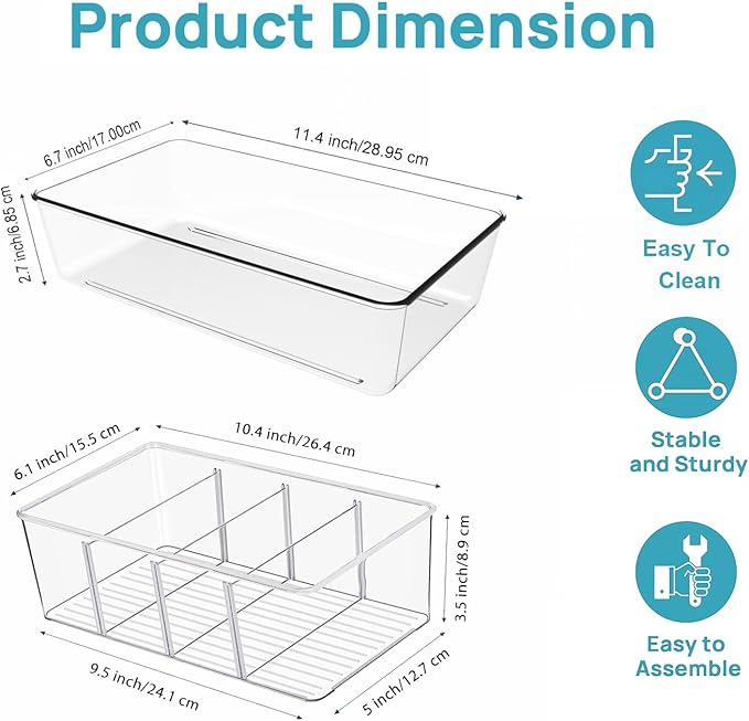 Set of 8 Pantry Organizers,2 Kinds Size Clear Plastic Organizer Bins for Kitchen,Fridge,Drawer Organization and Storage,3 compartment Snack Containers for Spice Packets,Tea bag