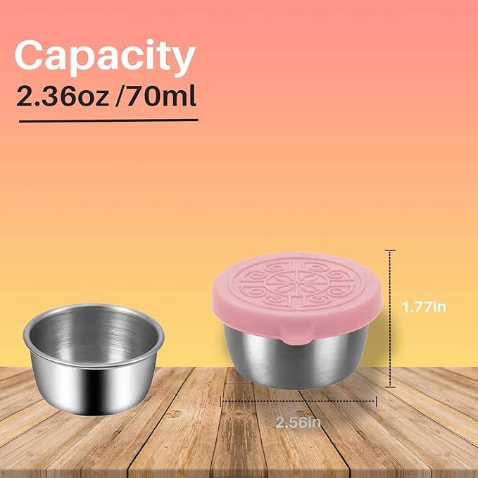 Pack of 6 Salad Dressing Container To Go: Small Condiment Containers with Lids, Reusable Stainless Steel Sauce Cups, Leakproof Silicone Lids for Bento Box, Picnic and Travel (Multi Color - 2.36oz)