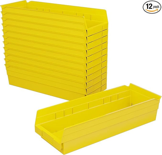 Akro-Mils 30138 Plastic Shelf Bins, Heavy Duty Storage Bins for Garage, Closet, and Drawer Organization, 18" x 6-1/2" x 4", Yellow, 12-Pack