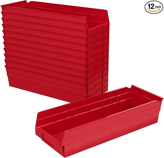 Akro-Mils 30138 Plastic Shelf Bins, Heavy Duty Storage Bins for Garage, Closet, and Drawer Organization, 18" x 6-1/2" x 4", Red, 12-Pack