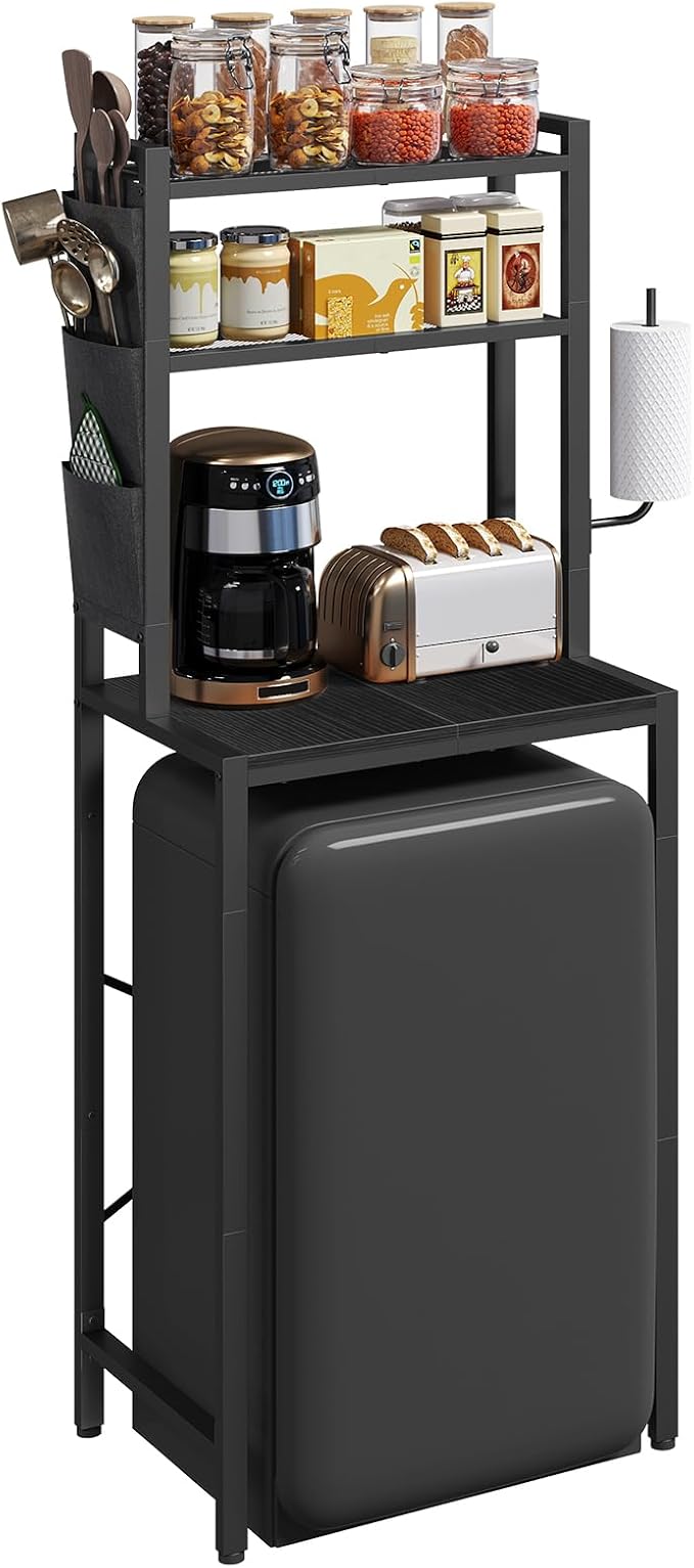 Bakers Rack with Mini Fridge Shelf, 3-Tier Microwave Stand, Coffee Bar Station with Paper Holder, Freestanding Kitchen Storage Rack, for Kitchen, Black BRBK5401