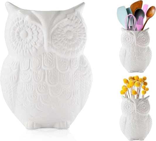 Comfify Owl Utensil Holder Decorative Ceramic Cookware Crock & Organizer, in Lovely White Color - Utensil Shaped Caddy and Perfect Kitchen Ceramic Decor Gift for Countertop - 5” x 7” x 4” Size