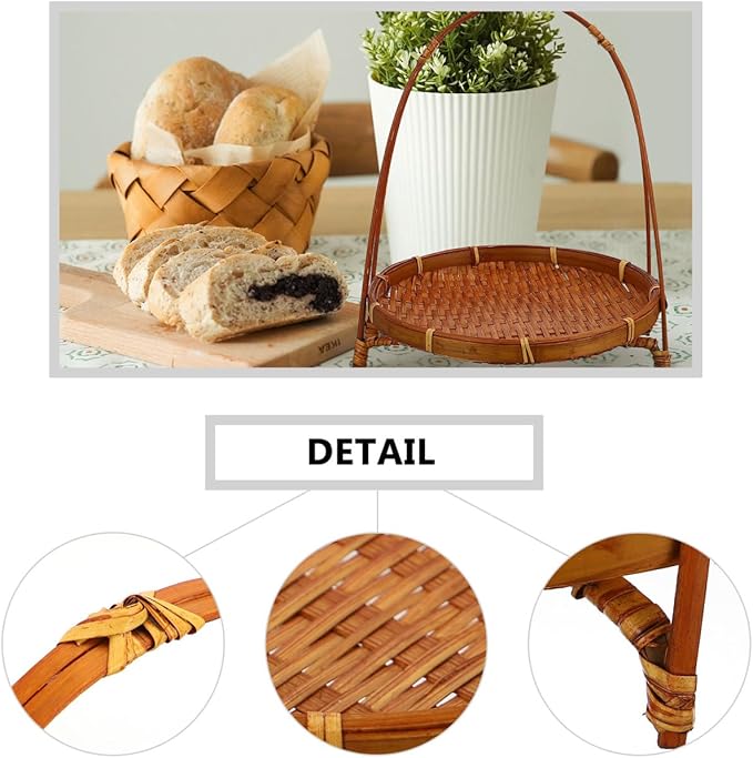 Woven Bamboo Basket Snack Stand Fruit Dessert Tray Organizer with Handle for Kitchen Countertop Storage and Home Party Display