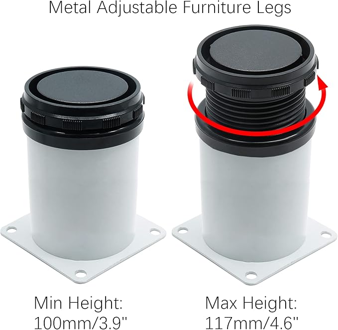 4 Pack Adjustable Furniture Legs 4 Inch, Stainless Steel Adjustable Legs Metal Cabinet Legs, Round Replacement Legs for Table, Cabinets, Shelves, Sofa (White)