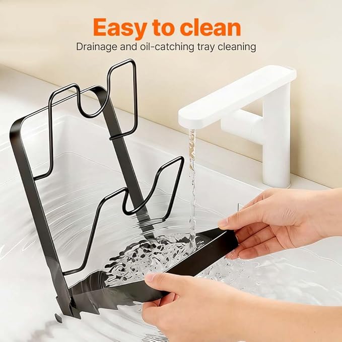 Kitchen Pot Lid Storage Rack, Stainless Steel Pot Lid Holder While Cooking with Removable Drip Tray, Pot Lid Organizer Rack for Countertop, Kitchen Pot Lid Holder & Utensil Rest (Begie, Single-layer)