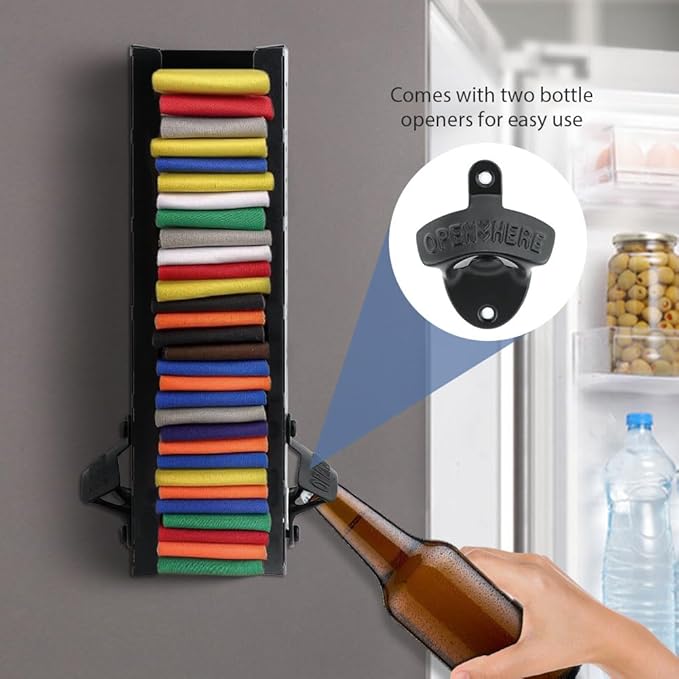2 in 1 Metal Can Cooler Holder with Bottle Opener, Wall Mount Beer Sleeves Organizer & Dispenser for Standard Can Cooler, 12" Home Bar Storage, Ideal Gift for Men Dad