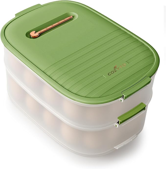 COZYTO Premium EggNest 2-Layer Egg Holder for Refrigerator – Stackable Egg Storage Tray with Sliding Date Dial Lid | Holds 44 Eggs | BPA-Free, Durable & Space-Saving (Green Lid & Transparent Box)