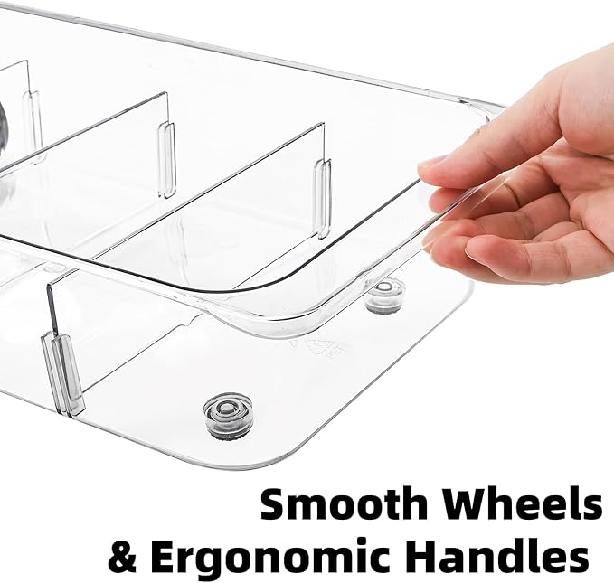 YIMITEE 2 Pack Refrigerator Organizer Bin with Wheels, Roll Out Pantry Storage with Dividers, Clear Plastic Refrigerator Drawer, Upgrade Thick Fridge Caddy for Under Sink, Kitchen Organization