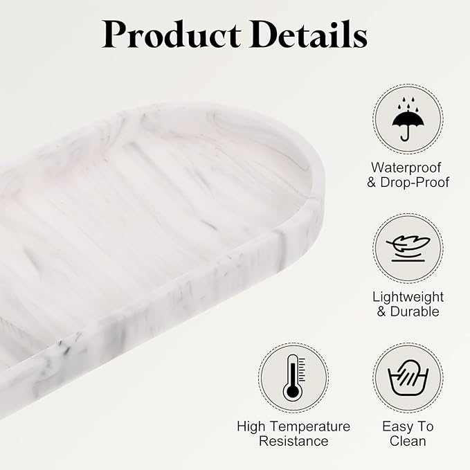 uxcell Bathroom Vanity Tray, 11.8" x 5" Oval Silicone Soap Dispenser Trays, Shatterproof Kitchen Sink Organizer for Soaps Keys Candle Trinket, Marble White