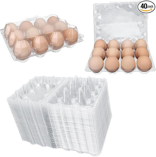 40 Pack 12-Egg Cartons Plastic Clear 3X4 Grids Reusable Storage Container, Stackable Cheap Bulk 1/2 Dozen Egg Trays for Refrigerator/Farms/Camping/Travel