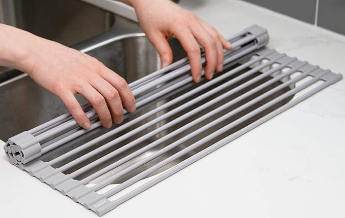 Surpahs Roll-Up Dish Drying Rack, Warm Gray, 20.5" x 13.1", Fits Sinks up to 19.5" Wide, Silicone-Coated Stainless Steel