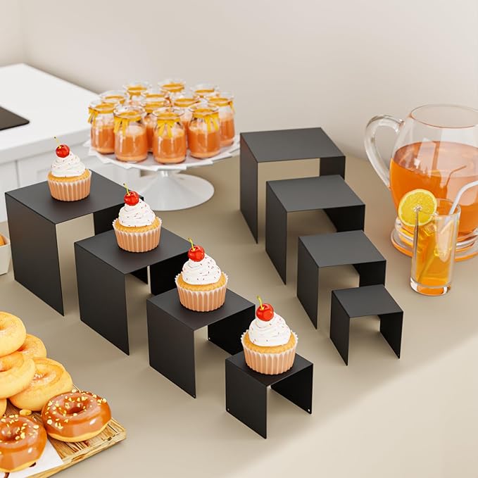 Matte Metal Display Stand,6 Pcs 2 Set Display Risers for Display, Metal Rectangular Display Shelf for Showcase, Dessert, Toys, Perfume (Black, 3''x4''x5 x6)
