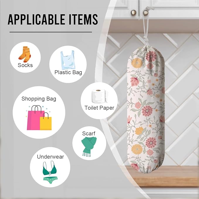 Pink Floral Plastic Bag Holder, Reusable Garbage Shopping Grocery Bags Organizer, Trash Bags Storage Dispenser, Kitchen Housewarming Gifts for Women Family Friends Grandma Mom