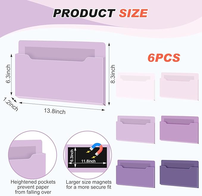 Fuutreo 6 Pcs Magnetic Wall File Organizer Magnetic Wall File Holder Refrigerator Magazine Holder for Mail Letters Paper(Violet Color,8.3 x 13.8 Inch)