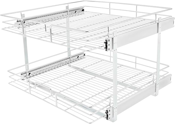 2 Tier Pull Out Cabinet Organizer 24 "W X 22 "D, Double Wire Basket Sliding Shelf, Pull Out Drawer for Kitchen Cabinets, Base Cabinet Organization for Kitchen, Bathroom, Pantry, Chrome (Silver)