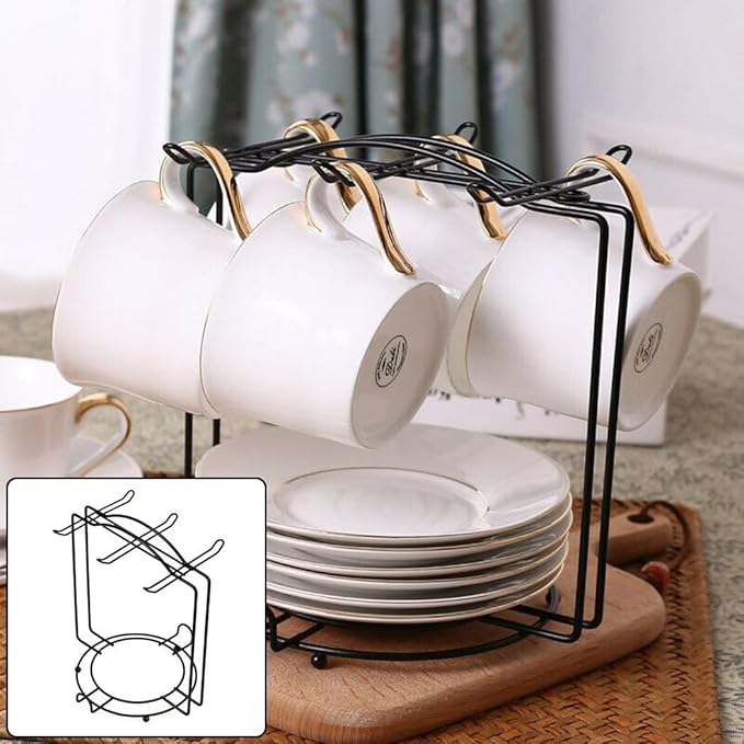 Stainless Steel Coffee Cup and Plate Storage Rack Holder for Kitchen, Dining Table, and Cabinet with 6 Mug and 5 Plate Capacity, Black