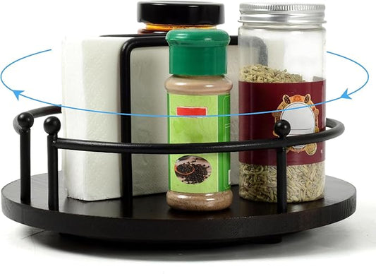 Napkin Holder for Table,360° Rotating Lazy Susan Turntable Organizer for Cabinet,9 inches Kitchen Table Decor&Counter Tray Can Hold Salt and Pepper Shakers (Dark brown)