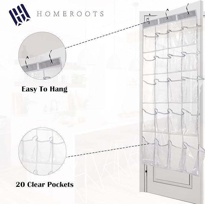 HomeRoots 2 Pack Minimalist Clear Over the Door Pantry Organizer, 20 Pockets