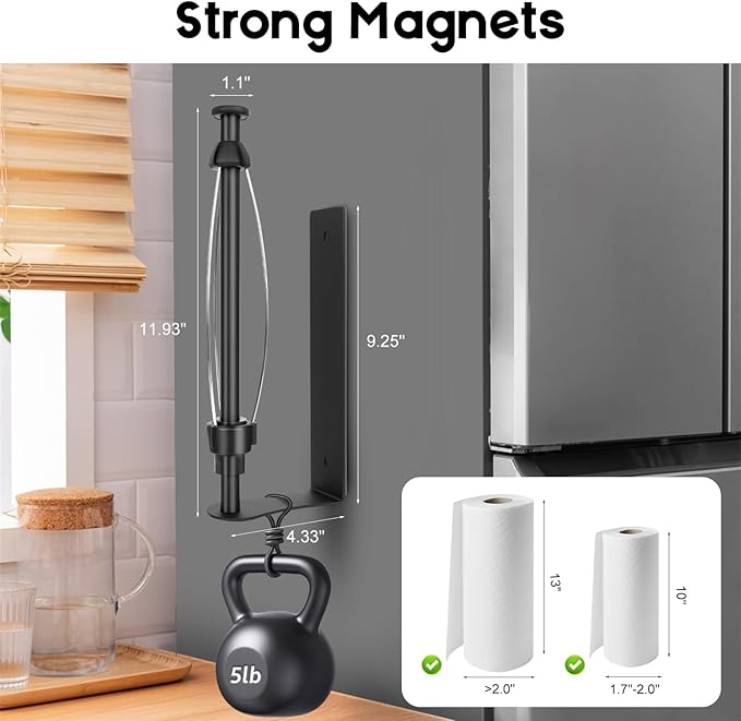 Magnetic Paper Towel Holder with Adjustable Damping, One Hand Tear, Smooth Tension Control, Strong Magnet & Self Adhesive Wall Mount, No Drilling for Kitchen, Fridge, RV, Garage, Grill (Black)