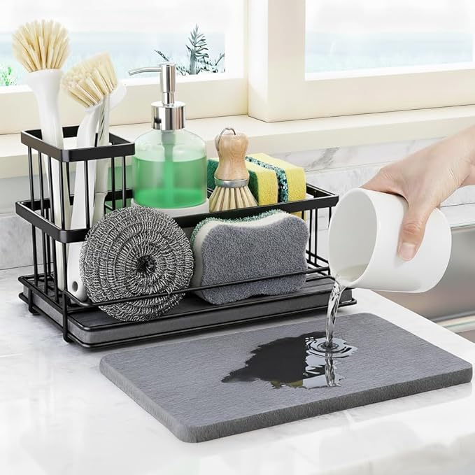 Kitchen Sink Caddy Organizer with Fast Drying Stone Tray, Rustproof Stainless Steel Sponge Holder for Kitchen Countertop, Diatomaceous Earth Mat for Soap Scrubber & Brush