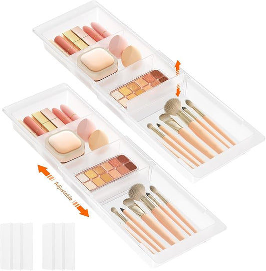 Lifewit Sliding Makeup Drawer Organizer, Fits 13-20" Deep Drawers, Extendable Hanging Divider, 1.8" High Plastic Tray for Vanity, Office, Kitchen, Translucent, 2Pcs