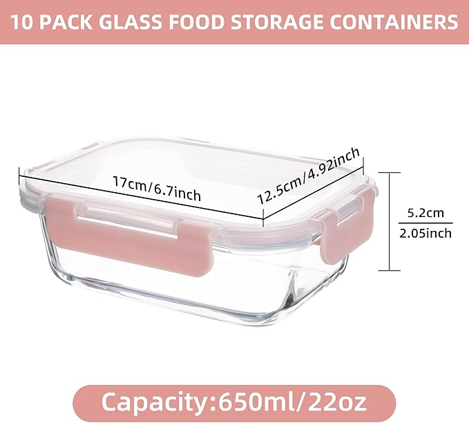 10 Pack 22 oz Glass Meal Prep Containers, Food Storage Containers with Lids, Airtight Leakproof Lunch Containers for Kitchen, Freezer, Microwave, Dishwasher Safe (Pink)