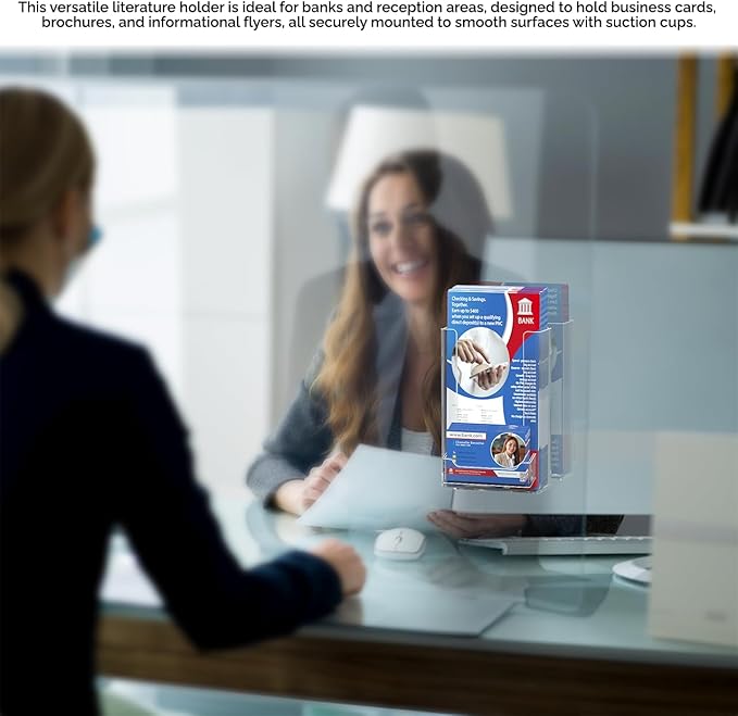 Marketing Holders 12 Pack Suction Cup Trifold Holder for 4 Inch Wide Paper with 3.5" x 2" Business Card Slot Window or Glass Wall Mounting Display Rack Printed Media Clear Plastic Please Take One