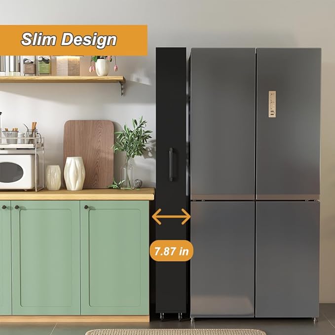 7 Tier Slim Storage Cart, Rolling Spice Rack Next to Fridge Slim, Narrow Storage Cabinet, Wood Storage Organizer with Handle Wheels for Kitchen, Dining Room (7 Tier - Black2)