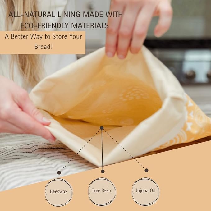 Reliable Rhodes Reusable Beeswax Bread Bag 2 Pack –12x17 Bread Bag for Homemade Sourdough, Beeswax Coated Organic Cotton Storage Bag for Loaf Baguette, Freezer Safe, Eco-Friendly Wrap Honeybee