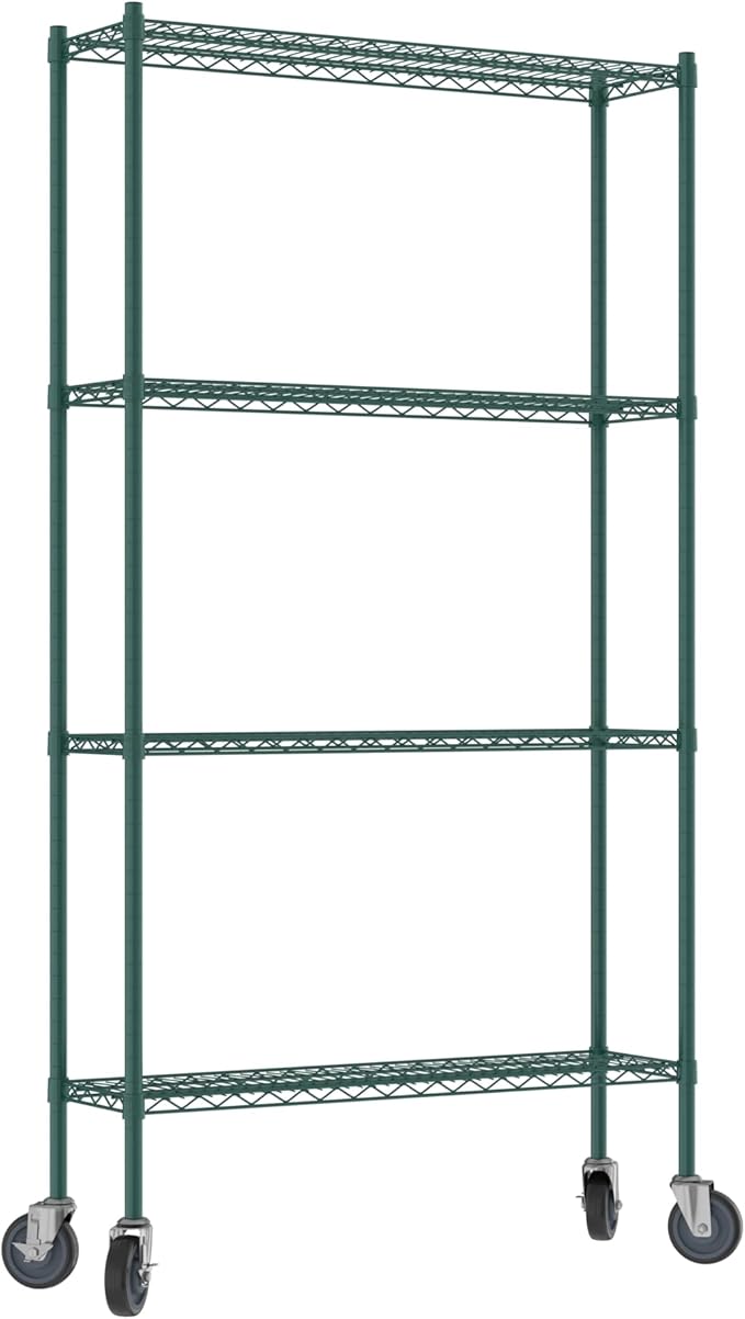 Commercial NSF Listed Green Epoxy Mobile Wire Shelving Kit 12" x 42" x 80", with 4 Shelves Perfect for Warehouse, Walk-in Refrigerator, Freezer, Grocery Store, Restaurant, Dishroom
