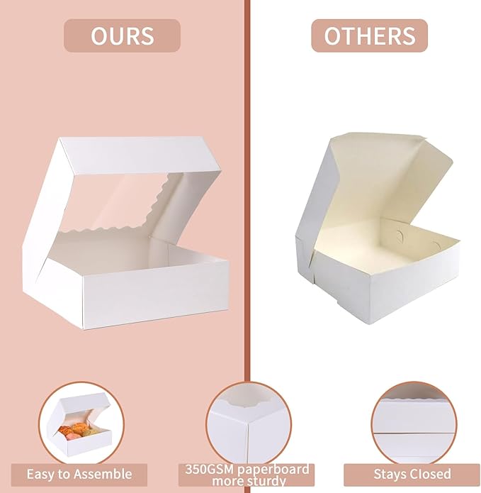 50 pcs 8x8x2.5 Inches Bakery Boxes with Window, Cake Pastry Cookie Mini Pie Box for Pastry,Dessert,Strawberries,Chocolates (White)