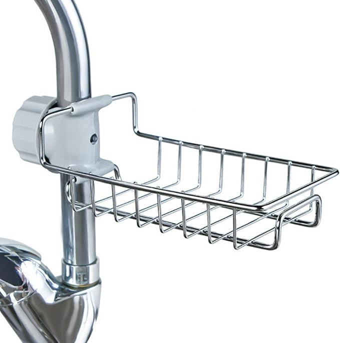 Kitchen Sink Faucet Organizer, Stainless Steel Sink Sponge Holder Around Faucet, Sinks Caddy Organizer, Faucet Storage Rack Sponge, Drying Rack for Kitchen Accessories (COLOR:Silver)