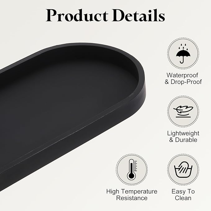 uxcell Bathroom Vanity Tray, 11.8" x 5" Oval Silicone Soap Dispenser Trays, Shatterproof Kitchen Sink Organizer for Soaps Keys Candle Trinket, Black