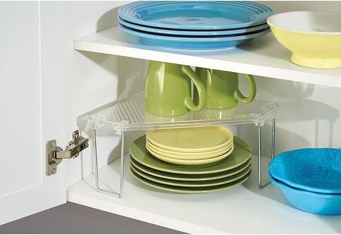 mDesign Plastic/Steel Freestanding Foldable Corner Stackable Organizer Shelf for Kitchen, Counter, Pantry, Cabinet Storage, Holds Plates, Dishes, Ligne Collection, 2 Pack - Clear