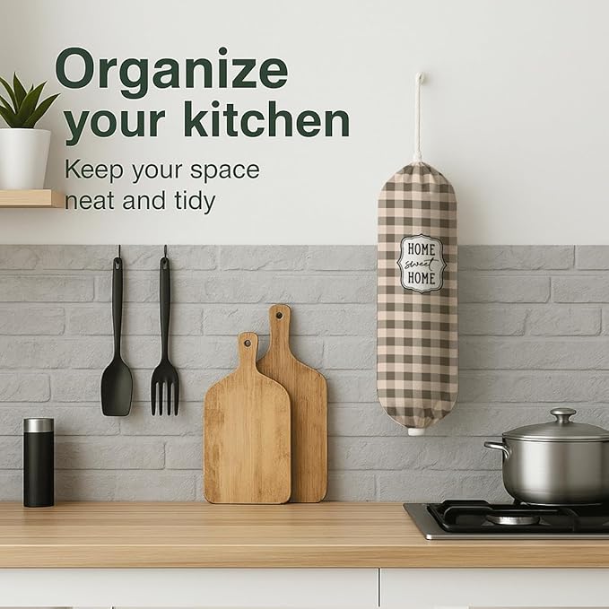 Plastic Bag Holder, Home Sweet Home Plastic Bag Holder for Kitchen Essentials, Brown Grid Bags Holders for Plastics Bags Groceries Store, Kitchen Gifts to Women Family Friends