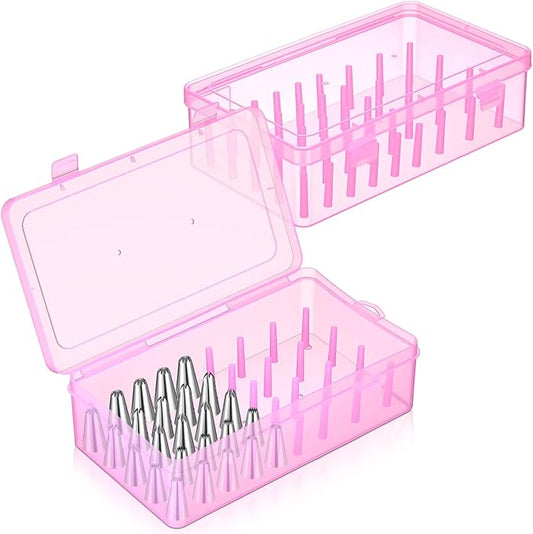 2pcs Piping Tip Box with Fixed Pins 84 Piping Tip Organizer Baking Cake Decoration Tool Storage Box(Pink)