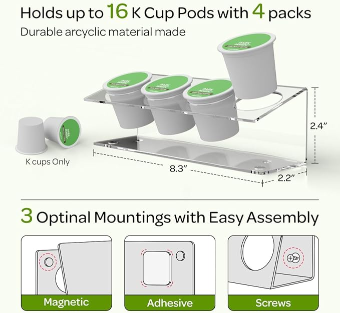 K Cup Holders, Acrylic Coffee Pods Organizer Stand Magnetic & Self-Adhesive Wall Mounted K Cup Stand for Kitchen Wall, Cabinet, Fridge (4 Pack for 16 Pods)