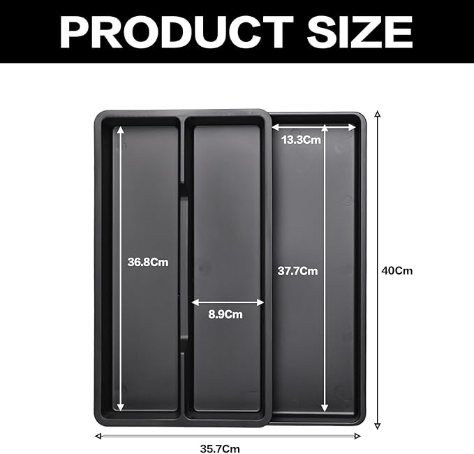 Expandable Utensil Drawer Organizer, Adjustable Silverware Tray for Kitchen Drawer, Cutlery & Flatware Holder with 3 Compartments, Black