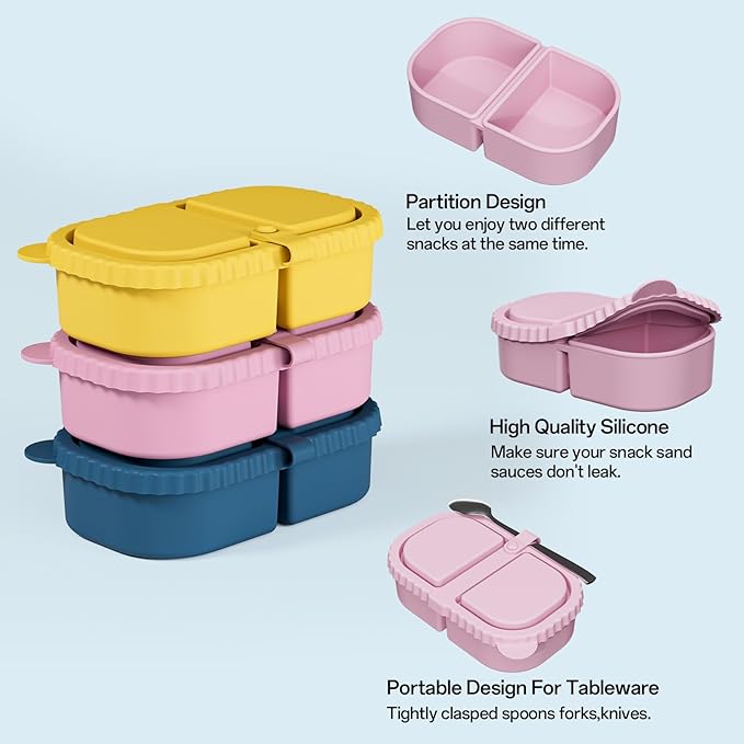 3 Pack Silicone Snack Containers with Lids, Reusable Double Compartment 8oz Leakproof Snack Box for Sauce, Dip, Salad, School, Office, Picnic