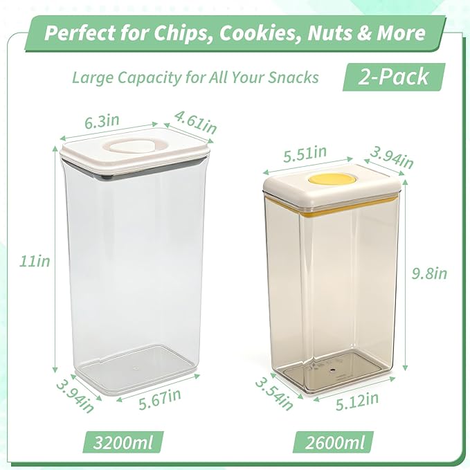 2 Pack Food Storage Containers with Lids, Chip Containers for Pantry, 3.2L and 2.6L Extra Large Capacity, with Airtight and Twist Lock Lids, Clear Plastic Canister for Pantry Organization