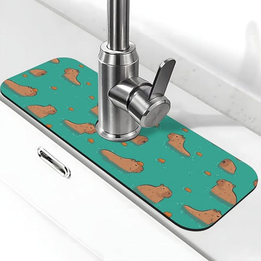 Cute Capybara Play Eat Food Kitchen Sink Splash Guard Faucet Mat Super Absorbent Fast Drying Mat Sink Gadgets-Fast Drying Pad Sink Mat For Kitchen Bathroom (15" X 5.5" )