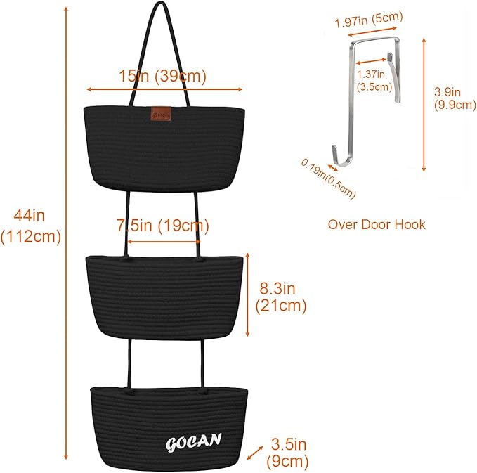 Hanging Storage Baskets Over The Door Hanging Basket, 3-Tier Cotton Rope Woven Hanging Organizer, Detachable Decorative Hanging Baskets for Wall Living Room, Bathroom and Bedroom