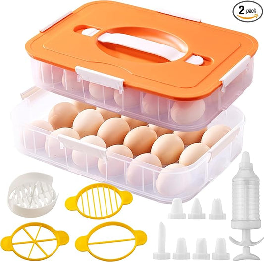 2 Layer Deviled Egg Containers with Lid, 36 Slots Deviled Egg Tray Carrier with Handle and Injector Piping Tool, Fridge Stackable Portable Clear Storage Egg Platter for Party Picnic Travel (Orange)