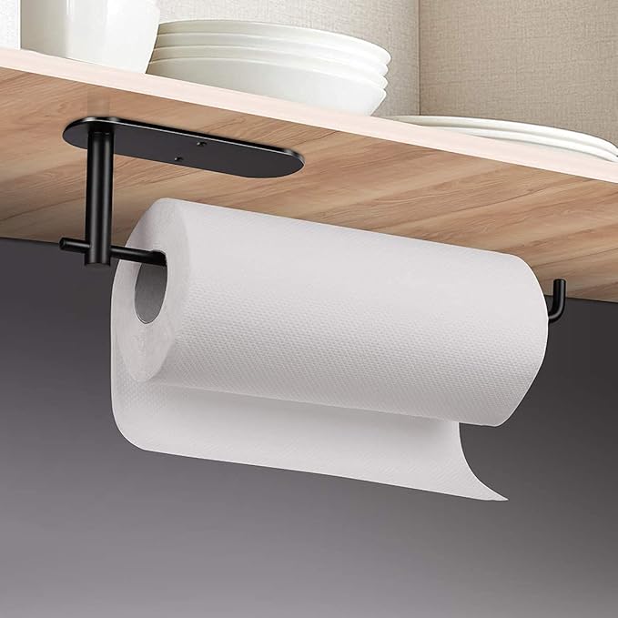 Paper Towel Holder Under Kitchen Cabinet - Self Adhesive or Drilling Paper Towel Holder Stick on Wall for Kitchen, Bathroom, Cabinets, SUS304 Stainless Steel - Black