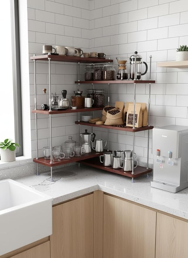 VINIUSIKI Adjustable 6 Tier L-Shaped Countertop Shelf Organizer, Kitchen Spice Rack for Countertop, Wood Coffee Counter Shelf Organizer for Home - 15.7"x15.7"x24.01" (LxWxH), Auburn