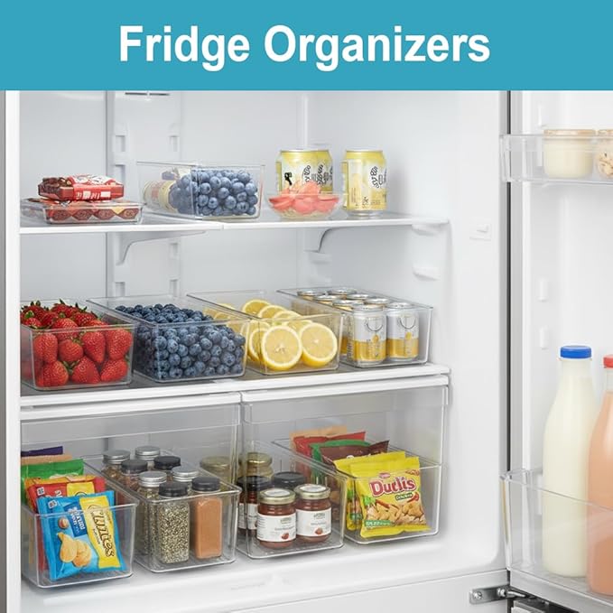 Set of 8 Pantry Organizers,2 Kinds Size Clear Plastic Organizer Bins for Kitchen,Fridge,Drawer Organization and Storage,3 compartment Snack Containers for Spice Packets,Tea bag