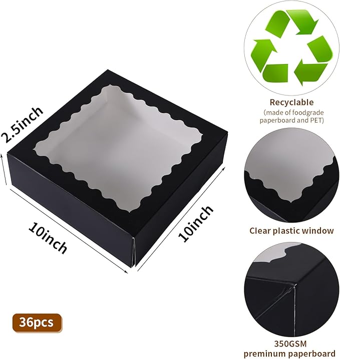 36 pcs 10x10x2.5 Inches Cake Box with Window, Bakery Pastry Cookie Boxes, Mini Pie for Pastry,Dessert,Strawberries,Chocolates (Black, 10x10x2.5inch/36pcs)